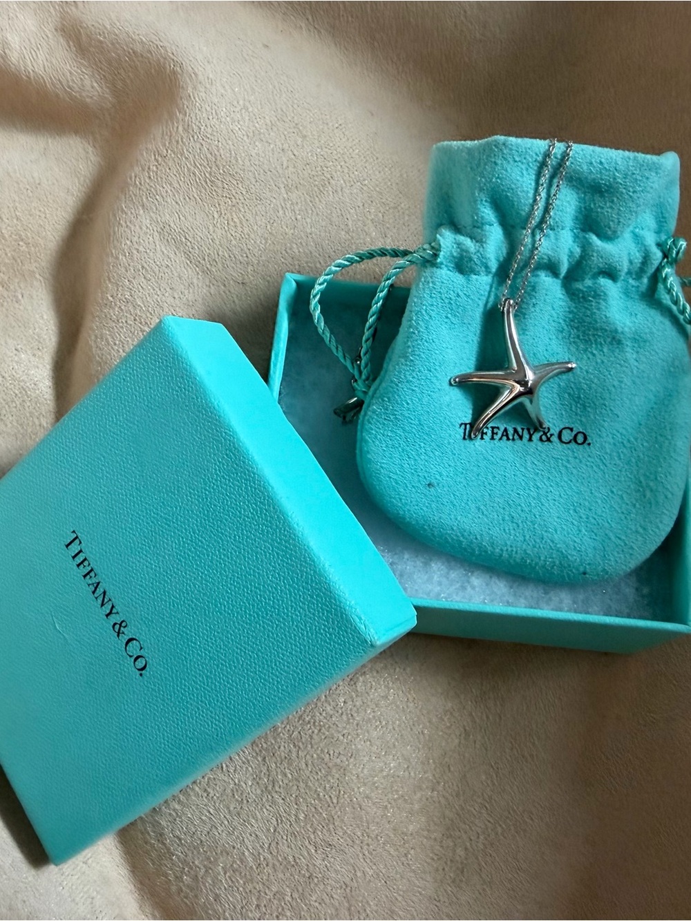 Tiffany & Co. Silver Starfish Necklace with Blue Pouch
